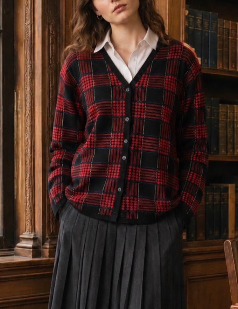 Vintage Maggie McNaughton plaid knit cardigan preppy 90s Y2K festive sweater XL